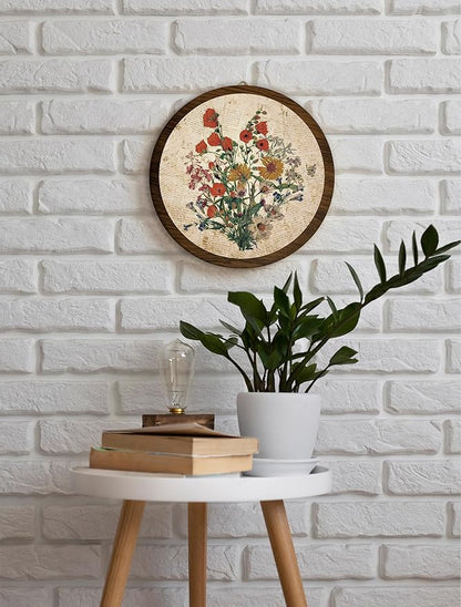 Vintage Floral Boho Hanging Wall Decor, Farmhouse Botanical Neutral Round Wooden Wall Art, Natural Flowers Western Boho Decorations for Living Room Bedroom Bathroom Kitchen Office Apartment Home, 02