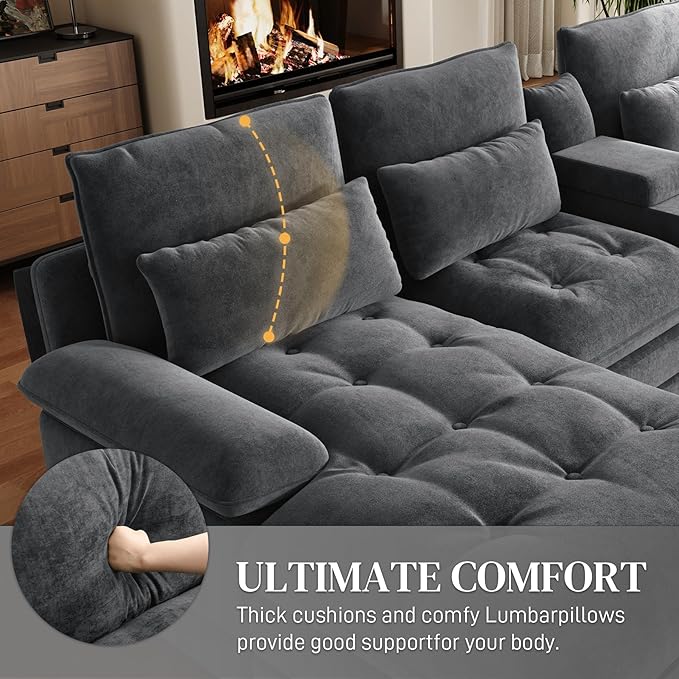 134" U Shaped Sectional Couches for Living Room,Modern Chenille 6 Seat Living Room Sofa Set with Storage Console,Oversized Modular Sectional Fluffy Couch with Tufted Buttons & Chaise Lounge,Grey