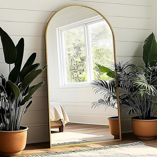 KOMCOTE Arched Floor Mirror - Full Length 76"x34", Oversized Wall Mirror for Bedroom & Living Room, Large Gold Standing Mirror, Durable Framed Floor-Length Mirror