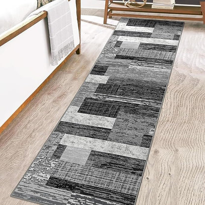 FlyDOIT Modern Geometric Patchwork Runner Rug, 2.7x10 Grey Runners for Hallways Non Slip, Washable Indoor Bedside Rugs for Bedroom, Floor Throw Carpet Runners for Entryway Kitchen Bathroom Laundry