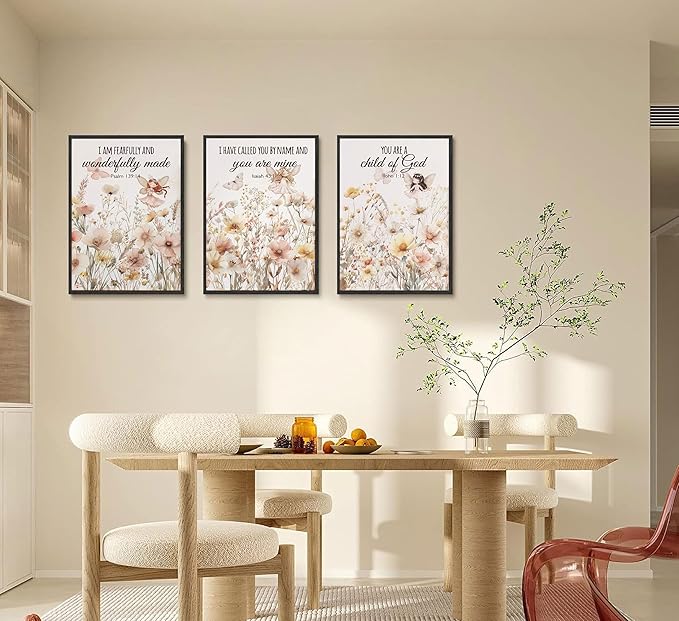 3Pcs Christian Nursery Wall Art Wildflower Bible Verse Canvas Painting Vintage Flower Scripture Pictures Wall Decor Butterfly Girl Floral Posters Prints for Girls Baby Room Living Bedroom Unframed