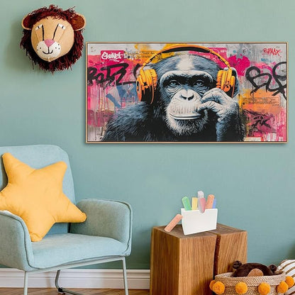 Sorbrozo Colorful Gorilla Wall Art with Headphones Animal Canvas Painting Music DJ Street Graffiti Art Print for Boy Bedroom Wall Decoration 24x48in