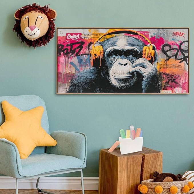 Sorbrozo Colorful Gorilla Wall Art With Headphones Animal Canvas Painting Music DJ Street Graffiti Art Print Boy Bedroom Wall decoration 20X40in