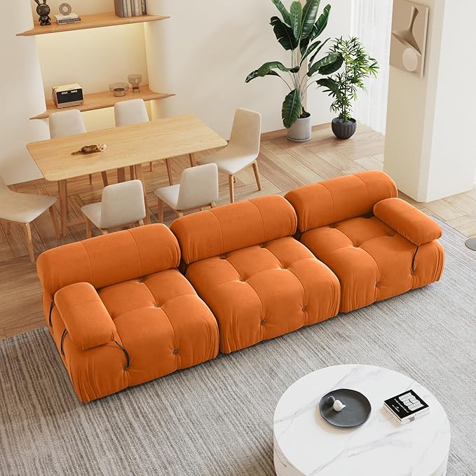 104'' Modular Sectional Sofa, Modern Luxury Velvet Bubble Couch, Deep Seat Cloud Sectional Couches for Living Room, Apartment (3 Seats, Orange)