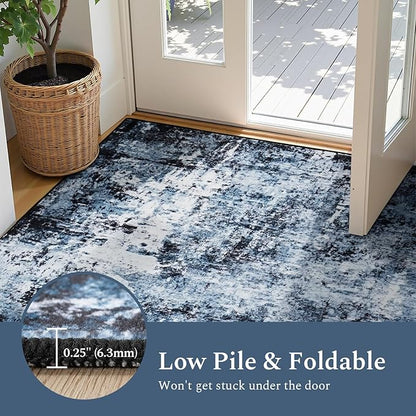 Rugflix Round Area Rugs 8Ft for Living Room, Washable Circle Rug Stain-Resistant Low Pile, Modern Dark Carpet for Bedroom Dining Room Home Office Kid Nursery Room, Navy Blue/Black