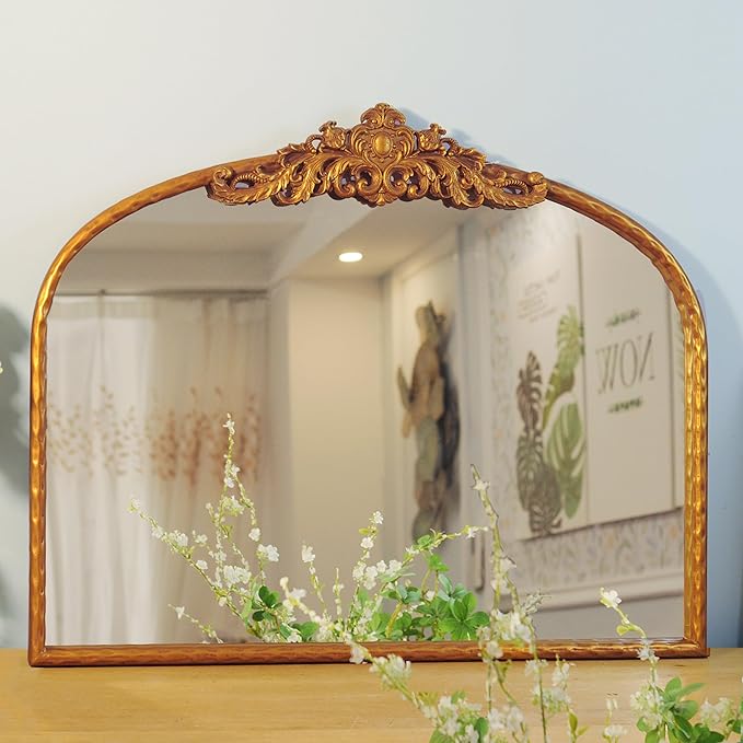 Antique Arched Gold Mirror 32"x24" - Vintage Baroque Wall Mirrors for Bathroom, Living Room, Entryway - Large Gleaming Gold Frame, French Ornate Mirror for Bedroom, Fireplace, Hallway,Dresser