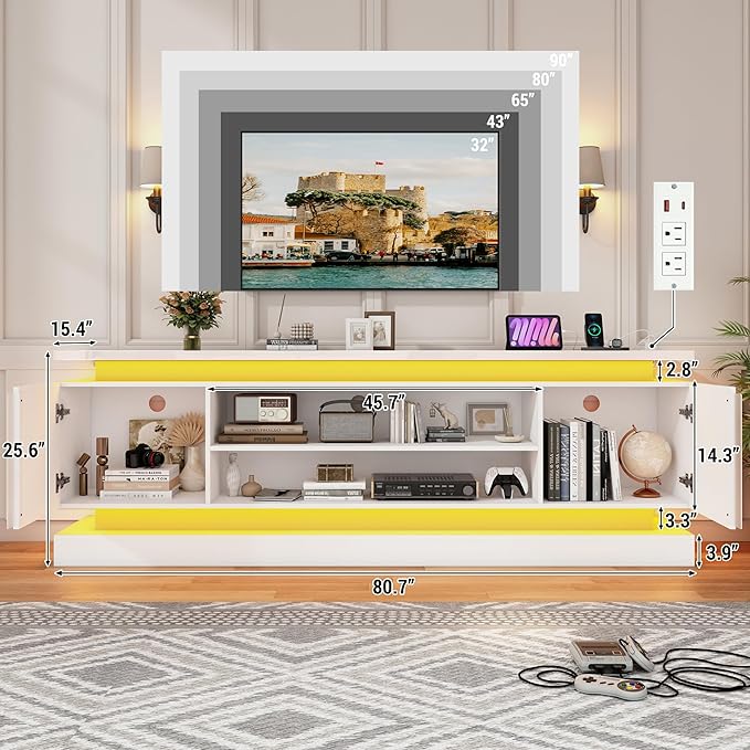 St.Mandyu 81" 2 LED TV Stand for TVs 90/85 inch,High Gloss Gaming Tall Entertainment Center w/Power Outlet,6000-Colors LED Lights,Modern TV Media Console Table with 2 Cabinets for Living Room,White