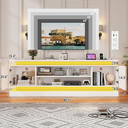 St.Mandyu 81" 2 LED TV Stand for TVs 90/85 inch,High Gloss Gaming Tall Entertainment Center w/Power Outlet,6000-Colors LED Lights,Modern TV Media Console Table with 2 Cabinets for Living Room,White