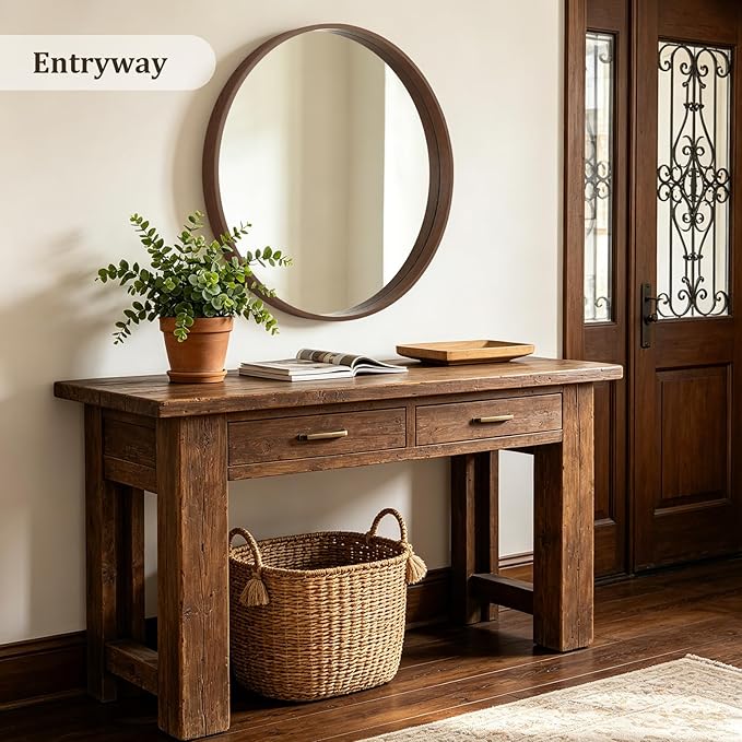 WallBeyond 36 Inch Round Wood Mirror, Large Circle Wooden Frame Wall Mirror for Bathroom, Living Room, Bedroom, Entryway (Walnut)