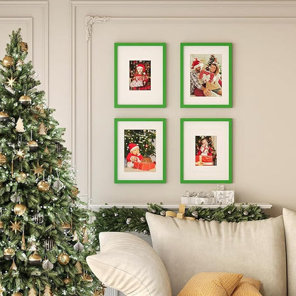 KINLINK 11x14 Picture Frame Grass Green, Solid Wood Frames with Acrylic Plexiglass for Pictures 5x7/8x10 with Mat or 11x14 without Mat, Tabletop and Wall Mounting Display, 4 Pack