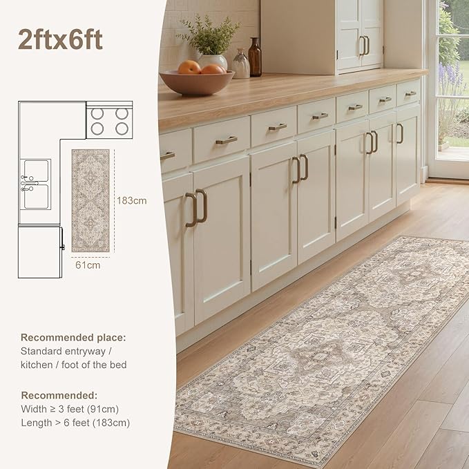 EIEIHOUSE Washable 2x6 Runner Rug - Area Rugs Neutral Vintage Distressed Floral Farmhouse Boho Large Soft Floor Rug Indoor Carpet for Hallway Entryway Bedroom Kitchen - Brown/Multi