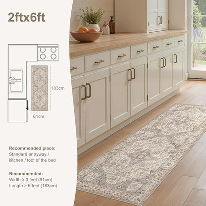 EIEIHOUSE Washable 2x6 Runner Rug - Area Rugs Neutral Vintage Distressed Floral Farmhouse Boho Large Soft Floor Rug Indoor Carpet for Hallway Entryway Bedroom Kitchen - Brown/Multi