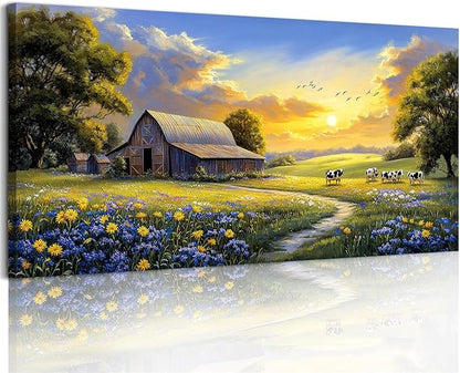 crmotu Farmhouse Wall Art, Landscape Wall Art, Large Wall Decor, Spring Nature Painting Canvas Prints, Rustic Sunset Oversized Artwork, Country Pictures for Living Room Dining Room Cottage Farm 29X57 In