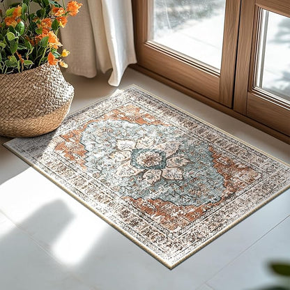BESTSWEETIE 2x3 Area Rug Washable Rugs for Living Room, No Pile Boho Carpet for Entryway Bedroom Dinning Room, Vintage Carpet Print Distressed Non-Slip, 2 x 3 ft, Green Brick Rust Red