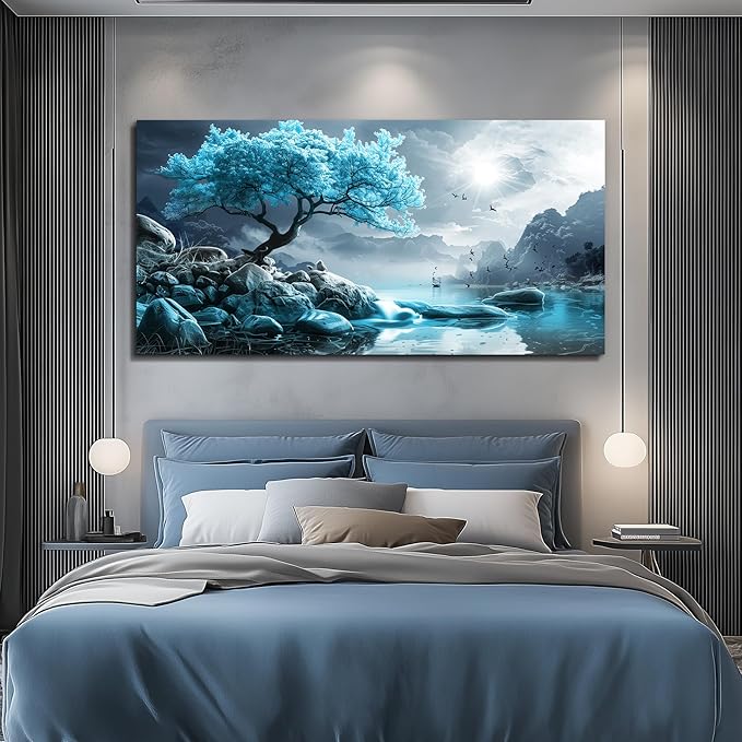 KELIYUAN Large Wall Art For Living Room Canvas Wall Decor Bedroom Blue Tree Landscape Wall Paintings Black And White Pictures Office Mural Framed Prints Artwork Modern Home Decorations 30x60in