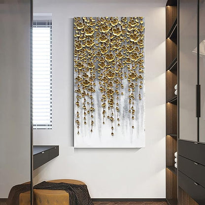 3D Vertical Abstract Canvas Oil Painting Wall Art, 116x57cm Golden Flower Painting Wall Art, Home Living Room Wall Decoration Abstract Painting Art