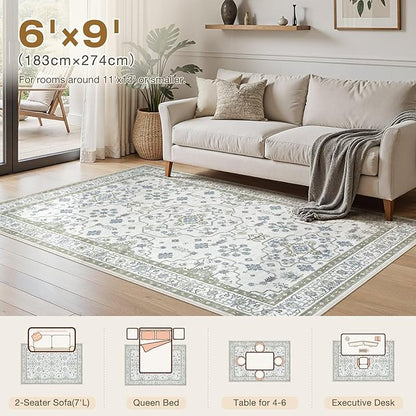 Area Rug 6x9 for Living Room - Washable Oriental Vintage Floral Distressed Large Indoor Carpets with Non Slip Back for Bedroom Dining Room Nursery Office Home Decor -Light Green
