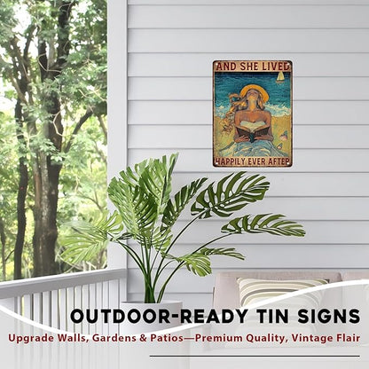 Vintage Inspired Quote Metal Tin Sign And She Lived Happily Ever After Rustic Home Decor For Cozy Corner Bookstore Cafe Girls Room Storybook Theme 12x16inch