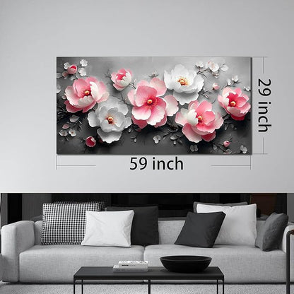 HUBOSKN Flower Canvas Wall Art for Living Room - Pink and White Room Decor for Women - Girls Bedroom Wall Decor Size 29" x 59"