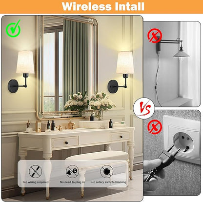 Ostwiki Battery Operated Wall Sconce Set of 2,Black Rechargeable Wall Lights with 5200mAh Dimmable RGB Bulbs and Remote Control,270°Rotation Wireless Wall Lamps for Indoor Bedroom Living Room Hallway