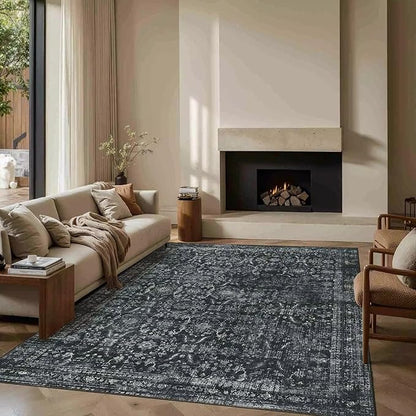 Rugxara 5x7 Area Rugs for Living Room Bedroom, Washable Rug, Black Vintage Floral Boho Rug, Non Slip & Low Pile Faux Wool Thin Carpet for Indoor Dining Room and Kids Room(Black 5x7ft)