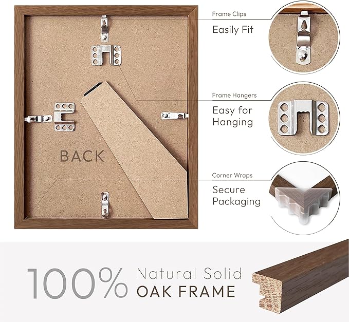 8.5x11 Picture Frame, Solid Oak Wood 8.5 by 11 Picture Frame with Mat to 6x8(Openning Size is 5.5x7.5), 11x8.5 Natural Oak Frames for Wall and Tabletop Display, (Walnut Set of 1)