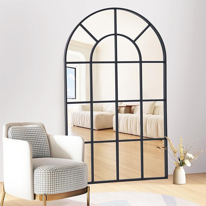 Arched Mirror, 30"x48" Arch Window Mirror, Black Frame Window Pane Mirror Wall Decor, Large Wall Mounted Mirror Decorative for Living Room Bedroom Entryway Hanging or Leaning Against Wall