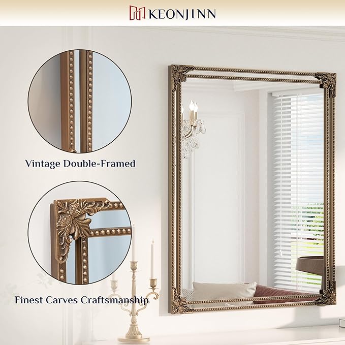Keonjin Gold Vintage Mirror 48 x 36 Inch, Antique Mirrors Rectangle, Traditional Mantel Decoration, Baroque Style Wall Decor for Hallway, Fireplace, Entryway, Living Room, Anti-Rust, Waterproof