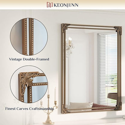 Keonjin Gold Vintage Mirror 48 x 36 Inch, Antique Mirrors Rectangle, Traditional Mantel Decoration, Baroque Style Wall Decor for Hallway, Fireplace, Entryway, Living Room, Anti-Rust, Waterproof