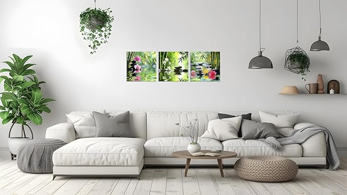 TutuBeer 3 Pcs Zen Wall Art Zen Pictures for Bathroom Spa Still Life Spa Stone Green Bamboo Orchid in Water Pictures Prints on Canvas for Home Office Wall Decor Stretched and Framed 14x14inchx3