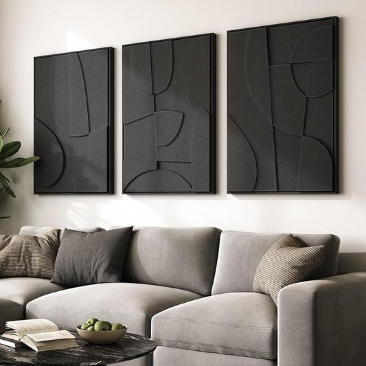 Large 3D Textured Framed Black Abstract Wall Art for Living Room, 3 piece Modern Minimalist Geometric Texture Artwork for Walls, Sandstone Art Pictures for Bedroom Hallway Office Wall Decor 24x36 In