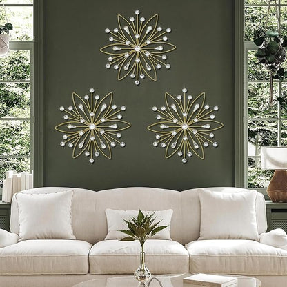 ZEXUIRU 3 Pack Gold Sunburst Wall Decor – Metal Crystal Wall Art with Sparkling Rhinestones, 14’’/18 Inch Starburst Wall Hanging Set for Living Room Bedroom Bathroom – Modern Bling Home Decorations