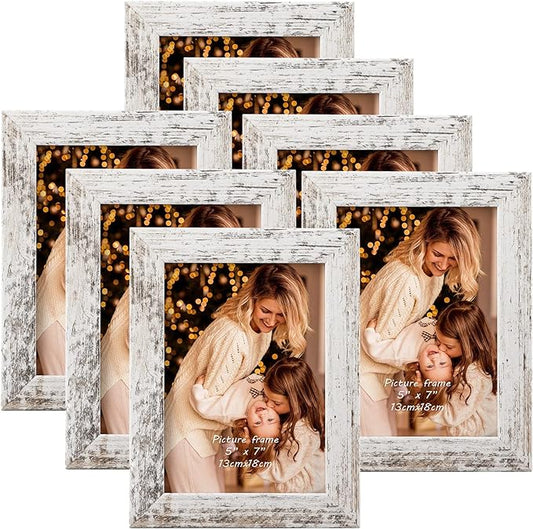 PETAFLOP 5x7 Picture Frame Set of 7, Distressd Rustic Frames Display 5 by 7 Inch Photo for Wall or Tabletop