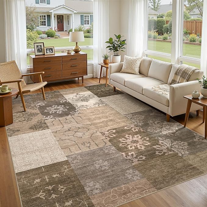 UERMEI 8x10 Area Rug Washable, Brown Modern Geometric Rugs for Living Room, Non-Slip Patchwork Carpet, Stain Resistant Low-Pile Foldable Rug for Bedroom Dining Room - Warm Brown