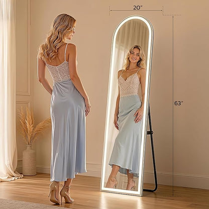 63"x20" Arched Full Length Mirror with LED Lights, Body Floor Mirror with Dimming & 3 Color Lighting, Mirror Full Length for Home Wall Decor, Tall Arch Aluminum Frame for Bedroom Cloakroom