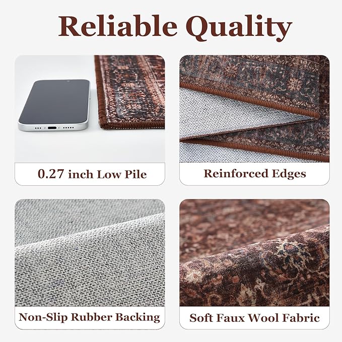 Brick Red 5x8 Washable Rug, Vintage Distressed Area Rugs for Living Room Bedroom Non Slip, Low Pile Thin Carpet Rug for Dining Room/Kitchen/Home Office/Den, Earth Tone Rustic Brick Color