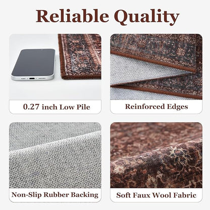 Brick Red 2x6 Rug Runners for Hallways Non Slip, Washable Non Slip Thin Carpet Runners for Kitchen Floor, Vintage Distressed Earth Tone Runner Rug for Entryway/Foyer/Bedroom/Laundry Room