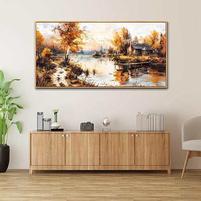 QIYILEXWART Canvas Wall Art For Living Room Wall Decor For Bedroom Office Wall Decoration Lakeside Cabins Autumn Landscape Painting Farmhouse Pictures Artwork Room Aesthetic Home Decor 20x40 In