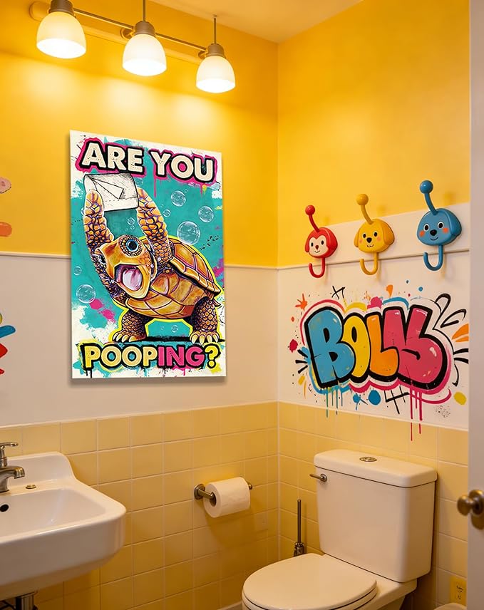 Funny Turtle Bathroom Wall Art Painting, Are You Pooping? Graffiti Humor Canvas Print, Teal Pop Art Bathroom Poster Decor, 16x24 Inch Framed Wall Picture for Bathroom Restroom Toilet Washroom
