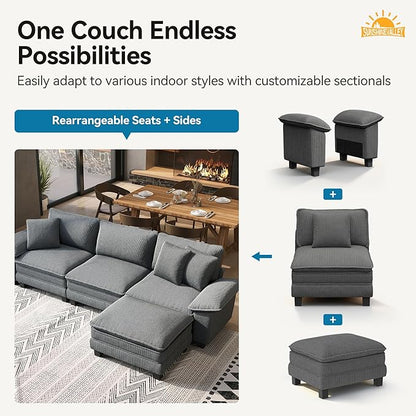 SUNSHINE VALLEY Sectional Loveseat with Ottoman, 87.5'' Oversized Corduroy Love Seat Modular Sofa Couch with Pillow, 3-Seat Modern L Shaped Cloud Deep Seat for Bedroom Small Space, Grey