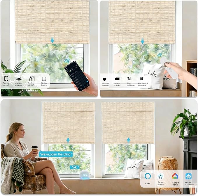 Motorized Bamboo Roman Shades, Motorized Blinds with Remote Compatible with Homekit, Alexa GoogleHome, Smart Wood Woven Shades for Indoor Windows, Customize, Tidebeam