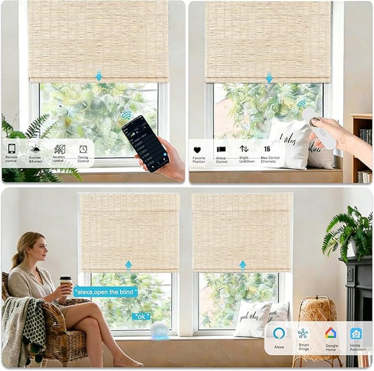Motorized Bamboo Roman Shades, Motorized Blinds with Remote Compatible with Homekit, Alexa GoogleHome, Smart Wood Woven Shades for Indoor Windows, Customize, Tidebeam