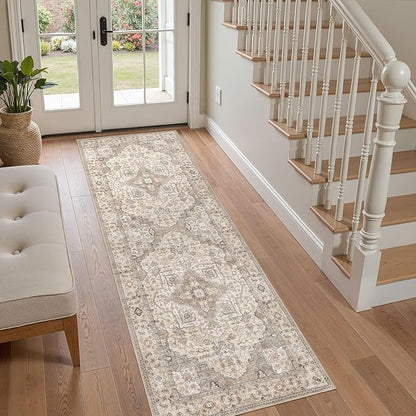 EIEIHOUSE Washable 2x6 Runner Rug - Area Rugs Neutral Vintage Distressed Floral Farmhouse Boho Large Soft Floor Rug Indoor Carpet for Hallway Entryway Bedroom Kitchen - Brown/Multi