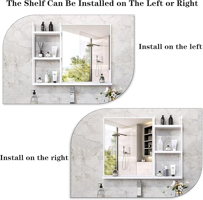 White Metal Framed Bathroom Mirror with Shelf, 24.4 X 31 in Rectangular Wall Mounted Bathroom Vanity Mirror, Modern Bathroom Mirror with Storage for Over Sink, Entryway (White)