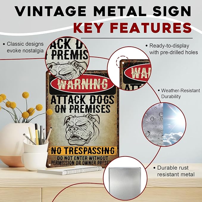 Bulldog Vintage Sign Beware Of Dog Metal Sign Not Responsible for Injury Or Death for Home Bedrooms Kitchen Bars Pubs Garages Gardens Patios Porches 12x16inch
