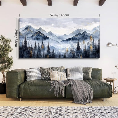 SERIMINO Mountain Landscape Large Wall Art, Misty Forest Canvas Prints, Blue Gold Watercolor Pine Tree Paintings Wall Decor Living Room Bedroom, Natural Scenery Office Decor Pictures 29"X57"