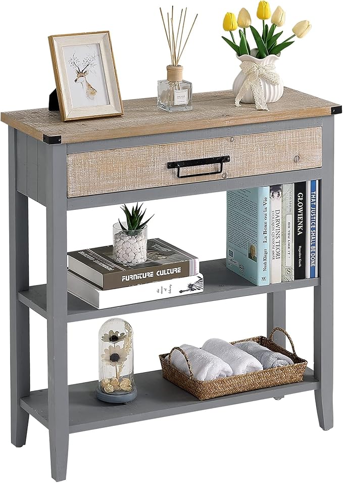 RUSTOWN Farmhouse Console Table with Drawer, 3-Tier Rustic Entryway Table with Open Storage Shelves and Handmade Metal Handle, Narrow Foyer Sofa Table for Living Room, Entryway, Hallway (Grey)
