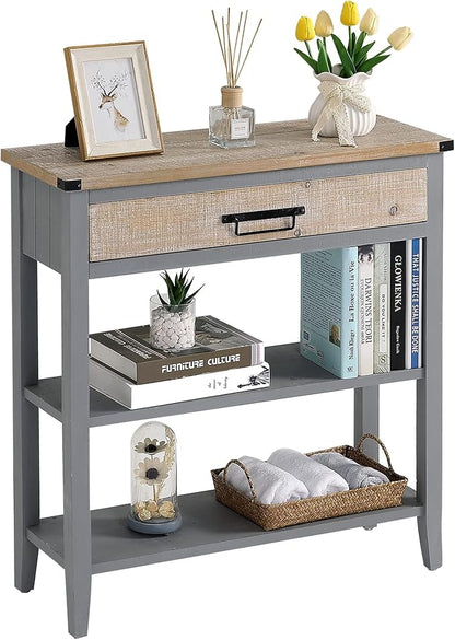 RUSTOWN Farmhouse Console Table with Drawer, 3-Tier Rustic Entryway Table with Open Storage Shelves and Handmade Metal Handle, Narrow Foyer Sofa Table for Living Room, Entryway, Hallway (Grey)