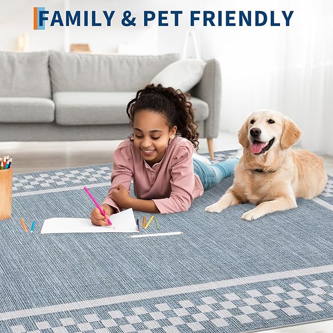 Small Area Rug 2x3 Modern Checkered Entry Rug Solid Color Scalloped Kitchen Rugs Washable Bedroom Doormat Non Slip Stain Resistant Bordered Throw Carpet for Living Room Nursery Laundry, Blue