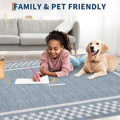 Small Area Rug 2x3 Modern Checkered Entry Rug Solid Color Scalloped Kitchen Rugs Washable Bedroom Doormat Non Slip Stain Resistant Bordered Throw Carpet for Living Room Nursery Laundry, Blue